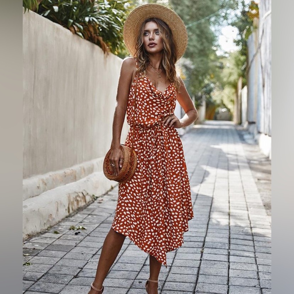 Polka Dot Asymmetrical Hem Square Neck Dress